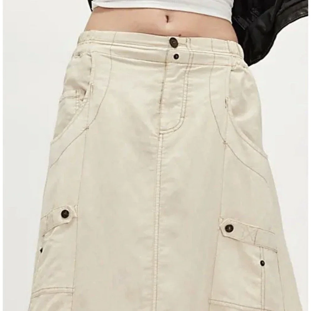 Free People Maxi Skirt Beige Rough Riding Preppy Retro Boho Vacay Small New
